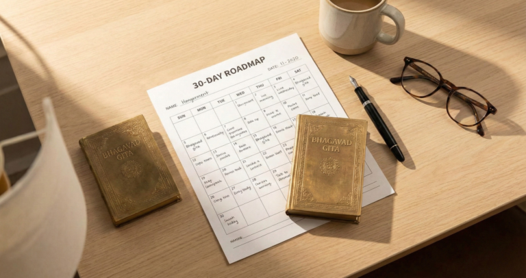 A 30-day calendar roadmap and a Bhagavad Gita on a desk, representing the structured application of ancient wisdom.