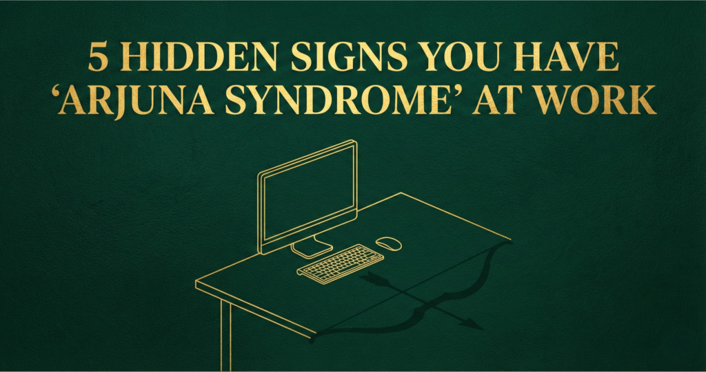 A stressed professional facing decision paralysis in a modern office, representing Arjuna Syndrome.