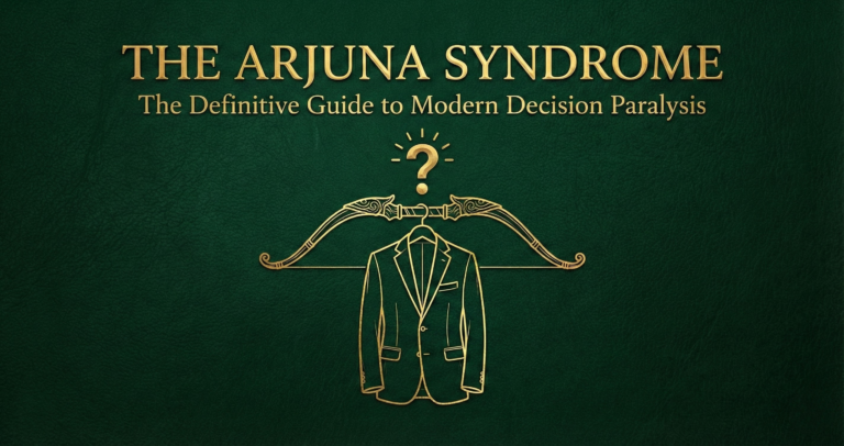 A professional standing at a metaphorical crossroads with a shadowed figure of Arjuna behind them, representing decision paralysis.