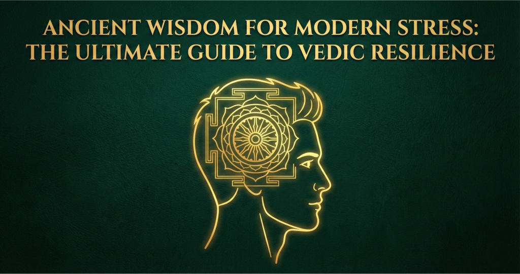 A silhouette of a modern professional filled with ancient Sanskrit patterns, representing the union of modern life and Vedic wisdom.