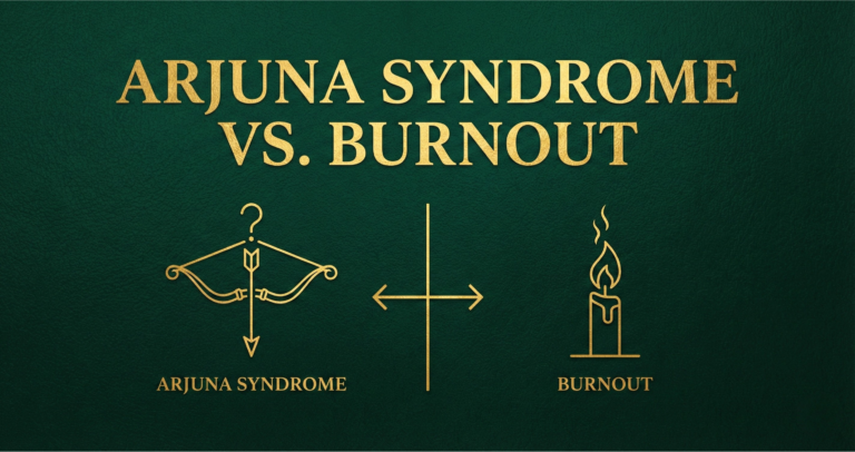 A split graphic comparing a sleeping exhausted person (Burnout) with a restless anxious person (Arjuna Syndrome).