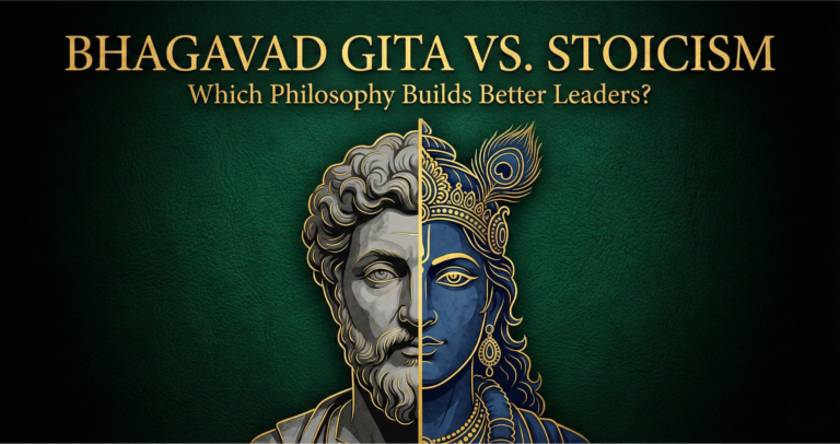 A split marble bust comparing Marcus Aurelius and Lord Krishna, representing the clash of Stoicism and Vedic philosophy.