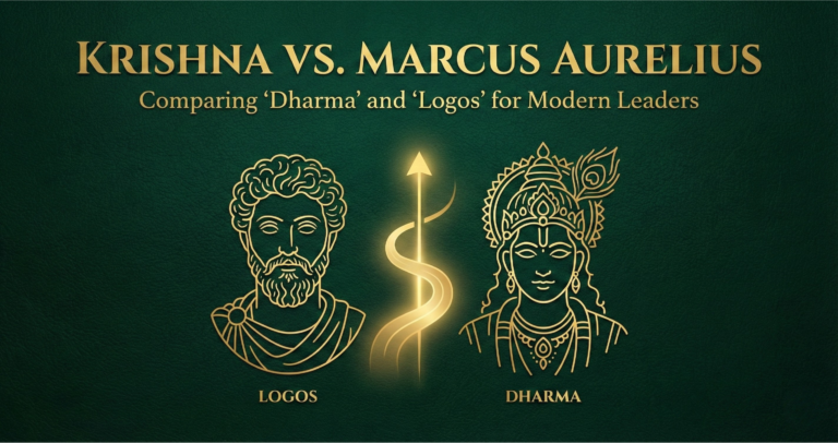 Split-screen visual of Marcus Aurelius and Lord Krishna representing Stoicism and the Bhagavad Gita.