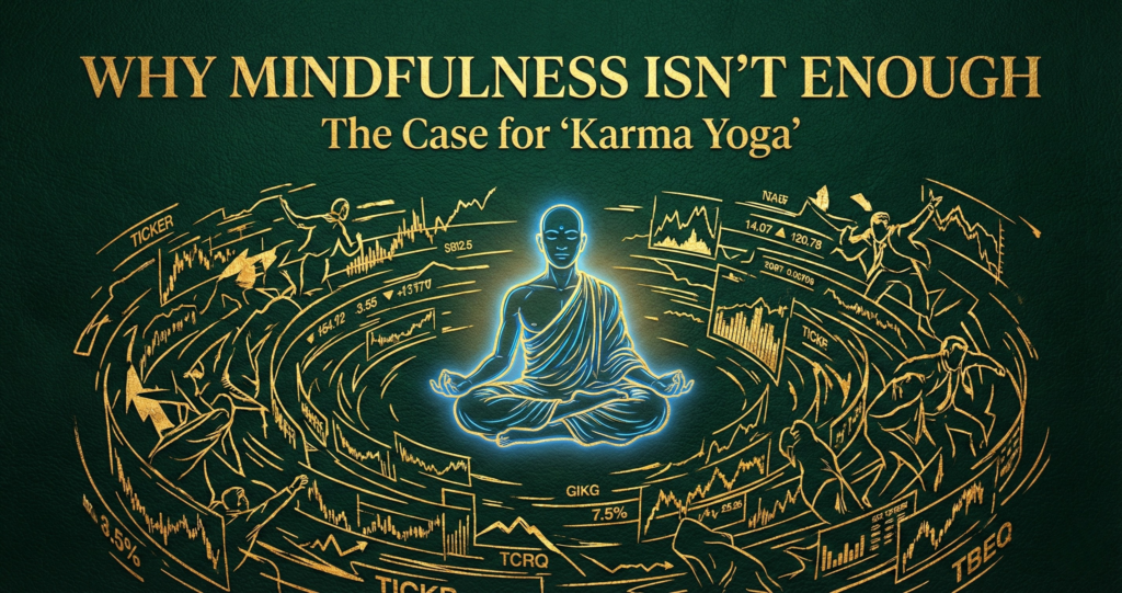 A monk meditating peacefully in the middle of a chaotic stock exchange, representing the concept of Karma Yoga or Action-Meditation.