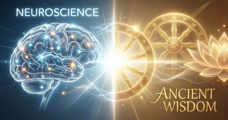 Illustration showing the connection between modern neuroscience and the ancient wisdom of the Bhagavad Gita.